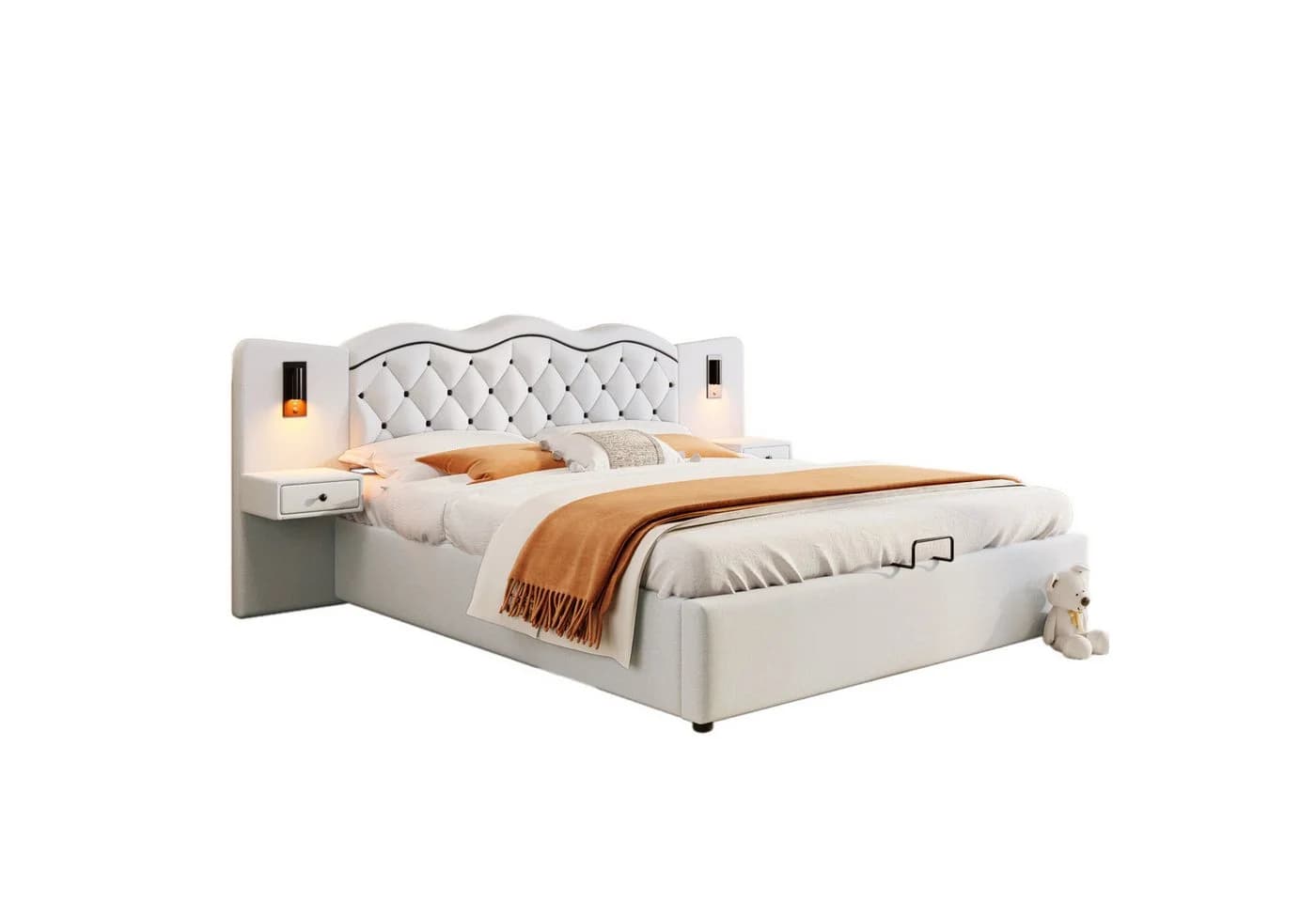 SOFTWEARY Polsterbett mit LED, USB & Nachtische Beige Leinen - Bild 2