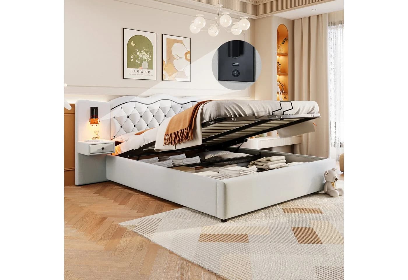 SOFTWEARY Polsterbett mit LED, USB & Nachtische Beige Leinen - Bild 3
