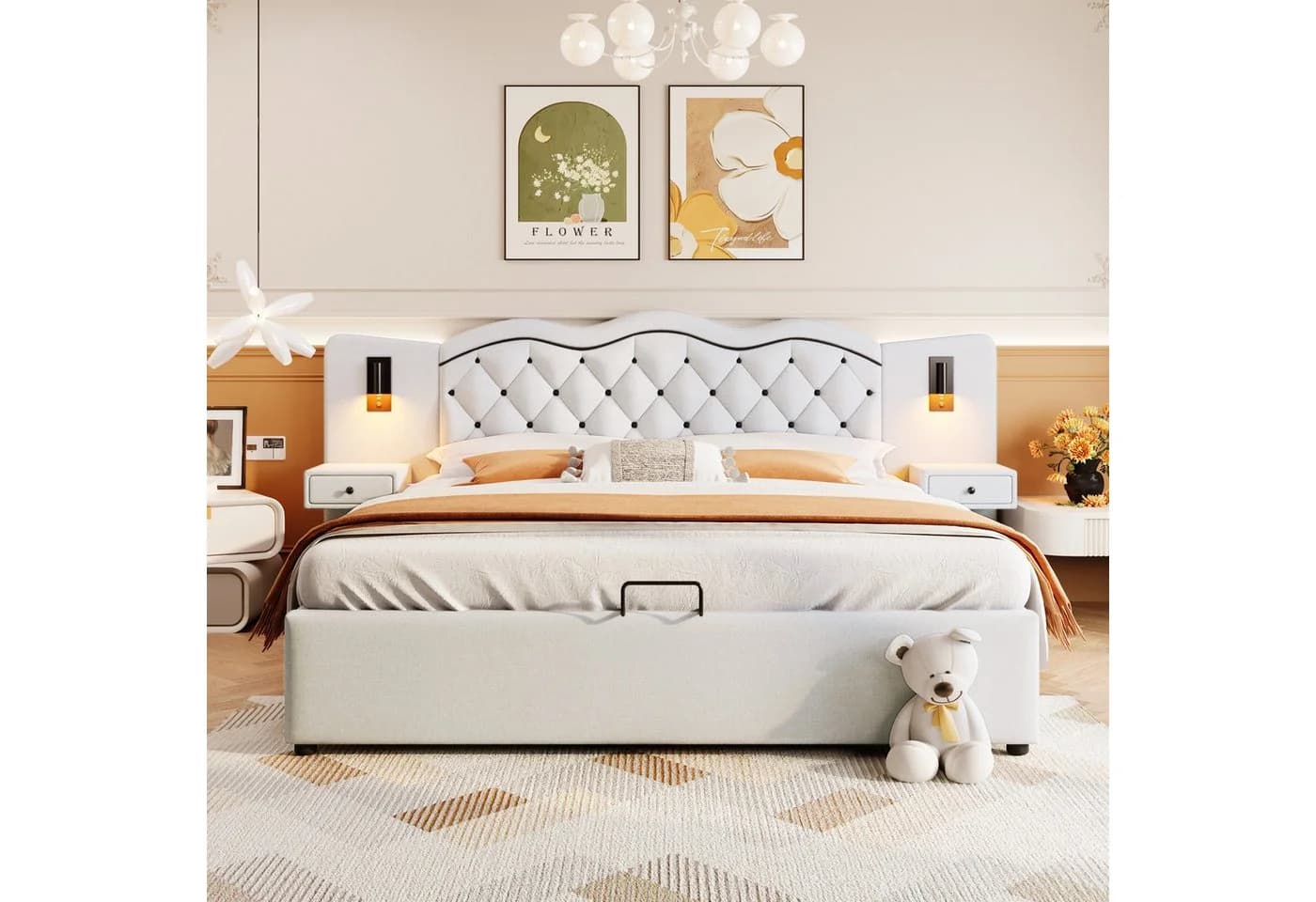 SOFTWEARY Polsterbett mit LED, USB & Nachtische Beige Leinen - Bild 4