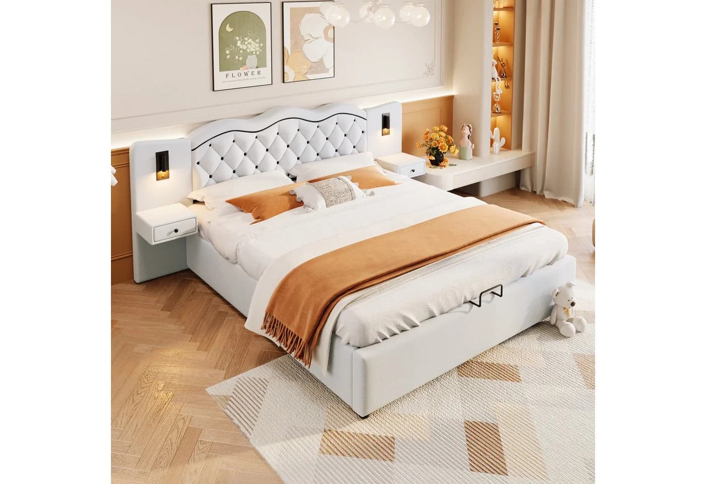 SOFTWEARY Polsterbett mit LED, USB & Nachtische Beige Leinen - Bild 5