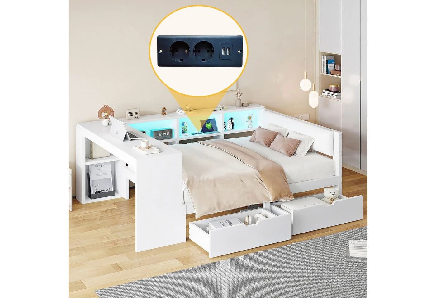 SOFTWEARY Stauraumbett mit Schreibtisch und LED-Beleuchtung