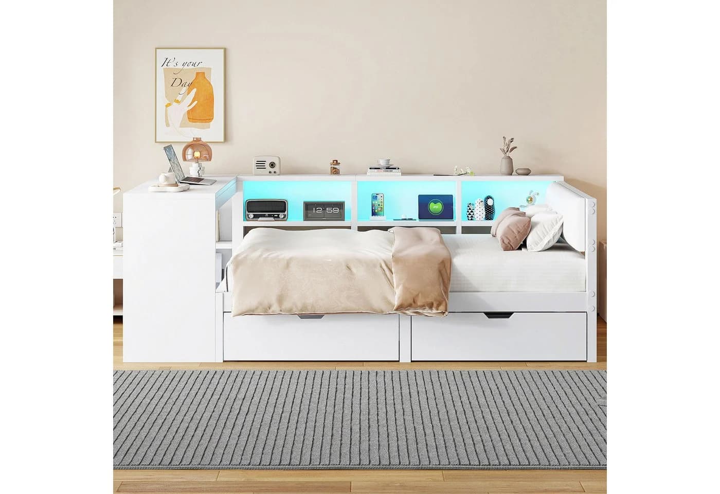 SOFTWEARY Stauraumbett mit Schreibtisch und LED-Beleuchtung - Bild 3