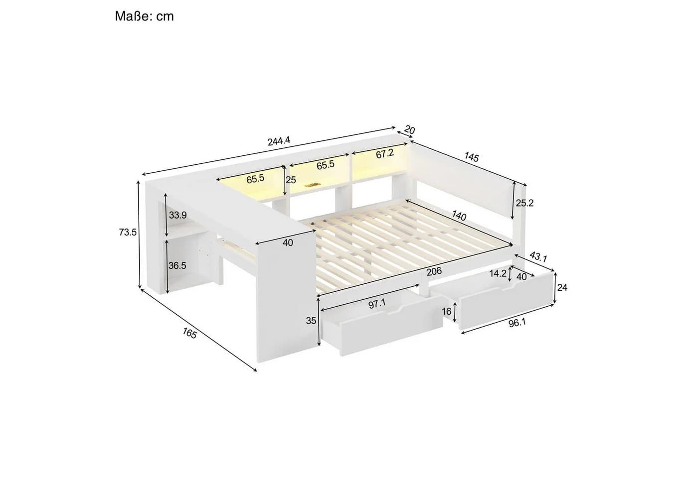 SOFTWEARY Stauraumbett mit Schreibtisch und LED-Beleuchtung - Bild 5