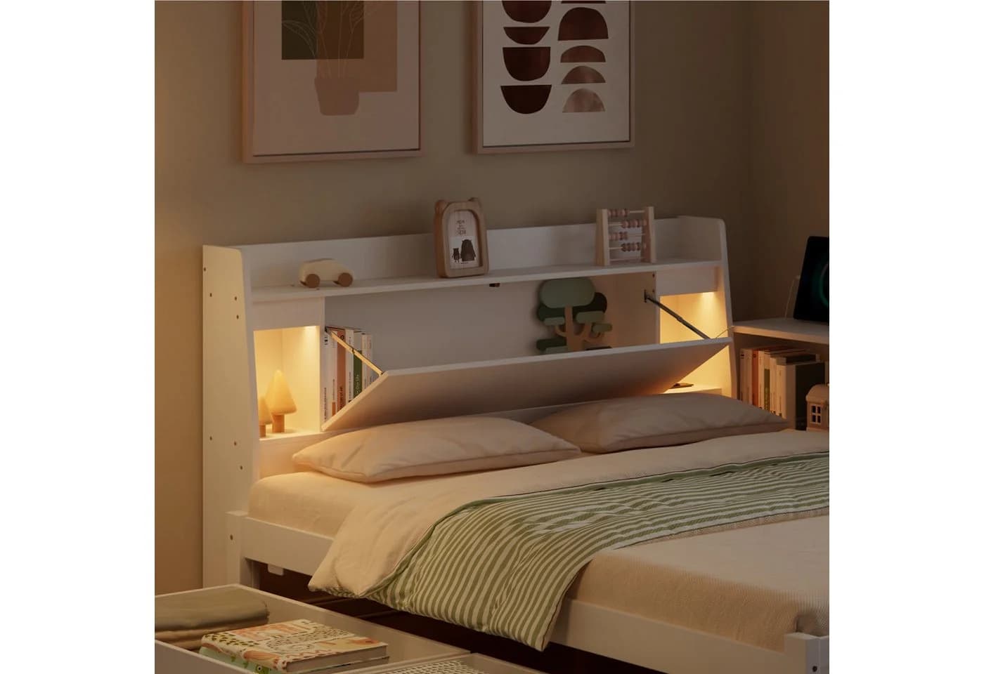 SOFTWEARY Stauraumbett Weiß mit LED, Schubladen & Steckdose - Bild 5