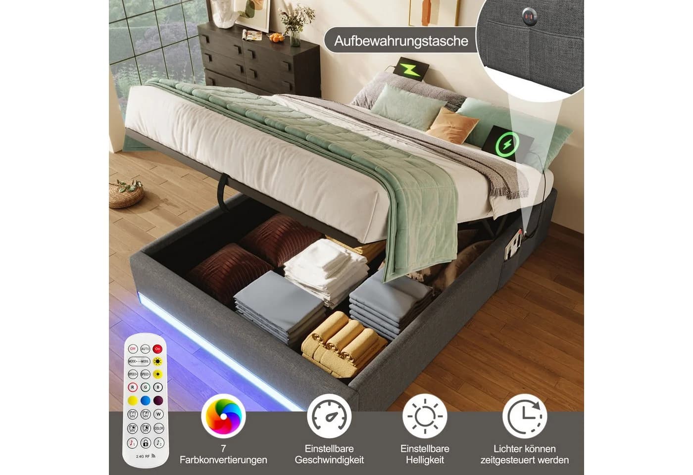 SOFTWEARY Futonbett mit LED-Beleuchtung und Aufbewahrung 90x200 cm - Bild 5