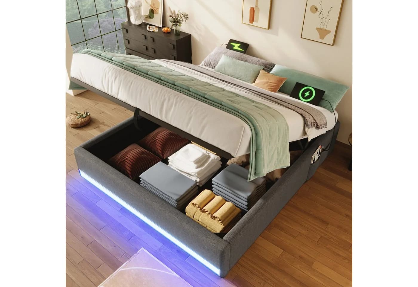 SOFTWEARY Futonbett Grau mit LED & Bettkasten - Bild 4