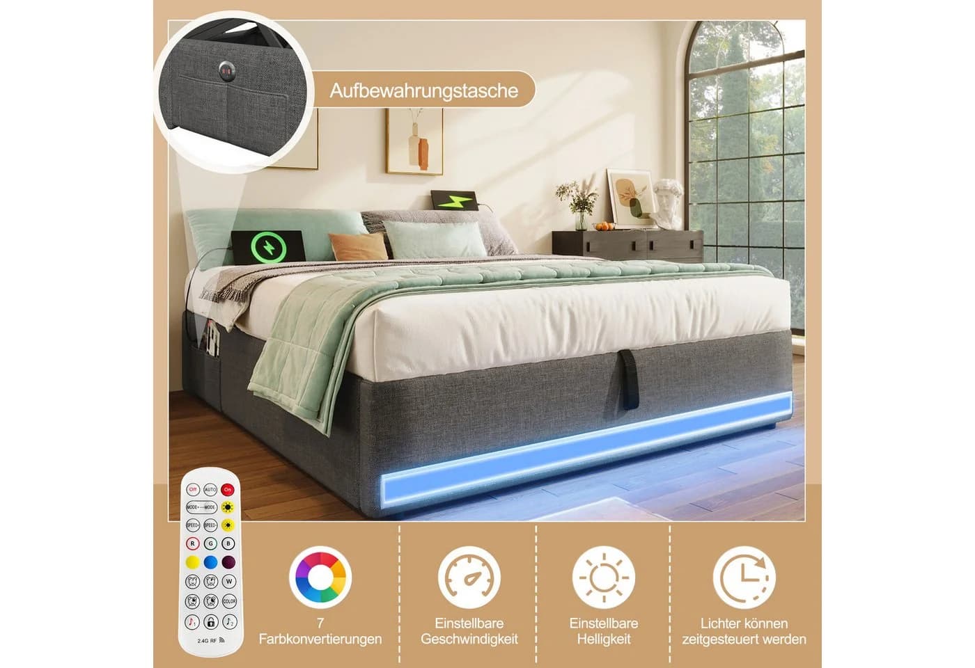 SOFTWEARY Futonbett Grau mit LED & Bettkasten - Bild 5