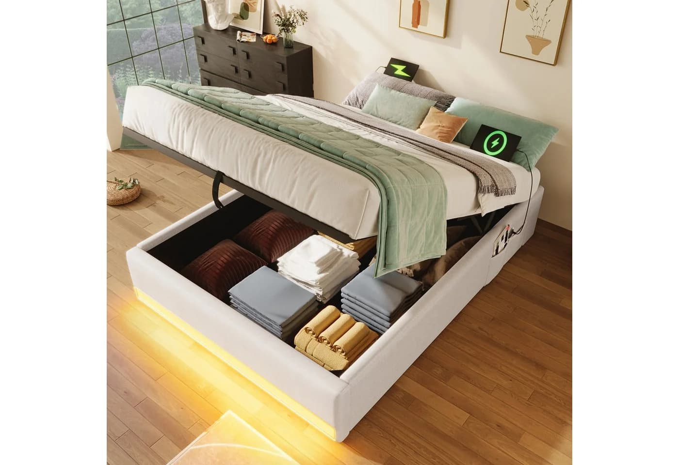 SOFTWEARY Futonbett mit LED-Beleuchtung und Bettkasten Leinen Beige - Bild 3