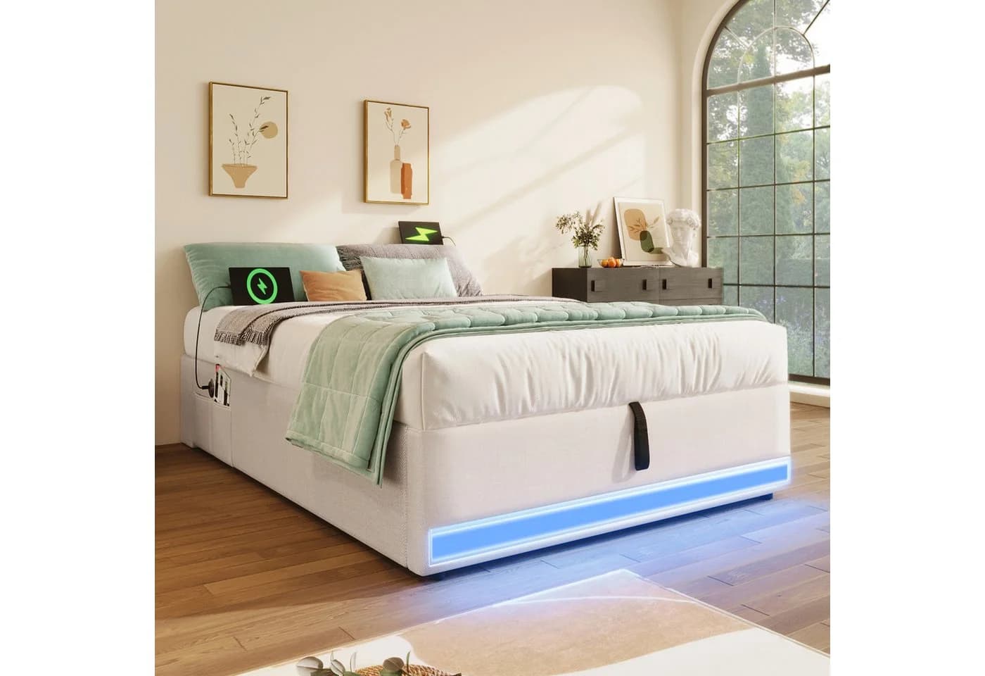 SOFTWEARY Futonbett mit LED-Beleuchtung und Bettkasten Leinen Beige - Bild 4