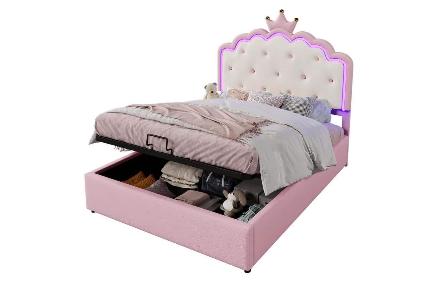 SOFTWEARY Prinzessinbett Rosa Kunstleder mit LED-Beleuchtung und Stauraum - Bild 2