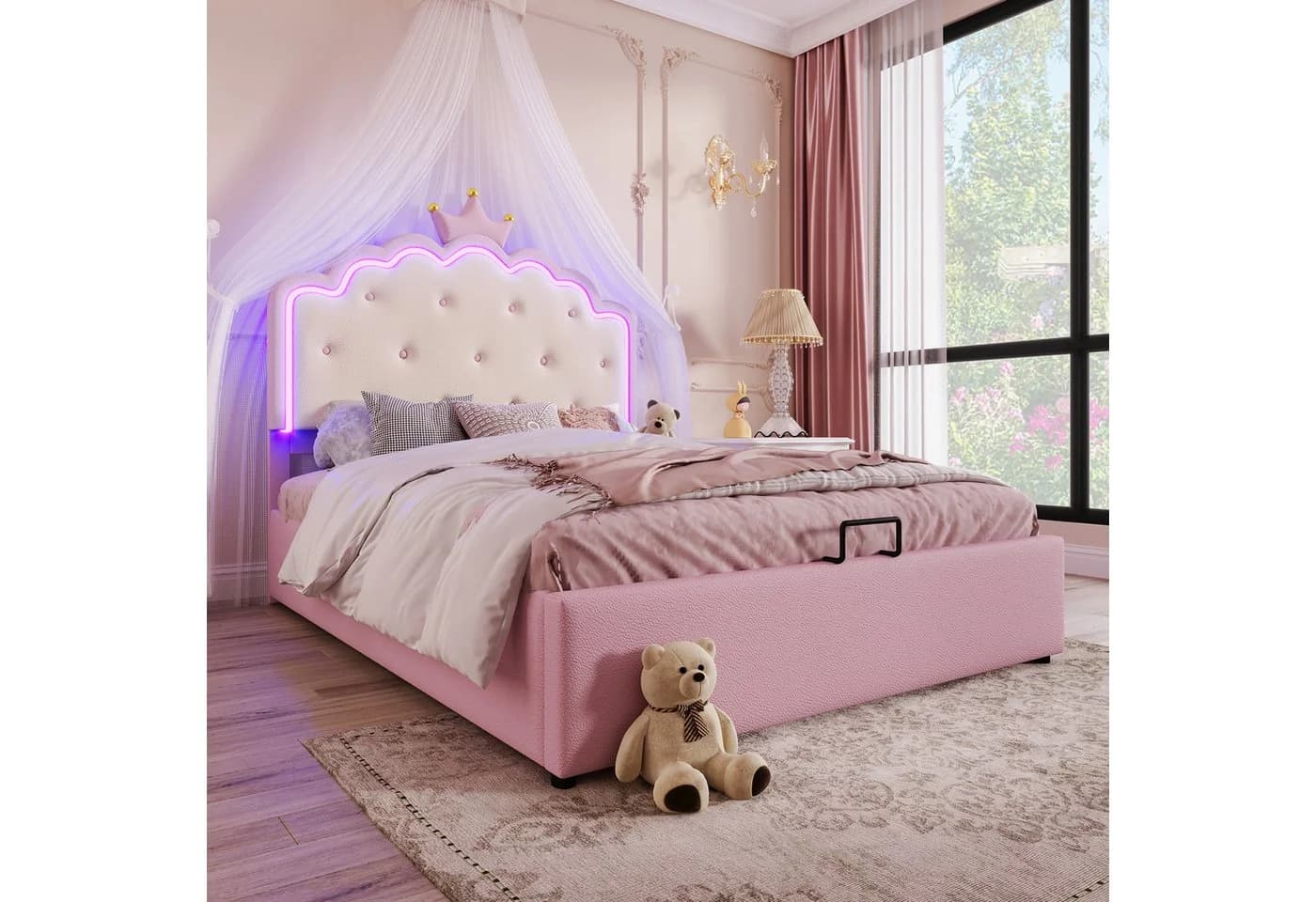 SOFTWEARY Prinzessinbett Rosa Kunstleder mit LED-Beleuchtung und Stauraum - Bild 5