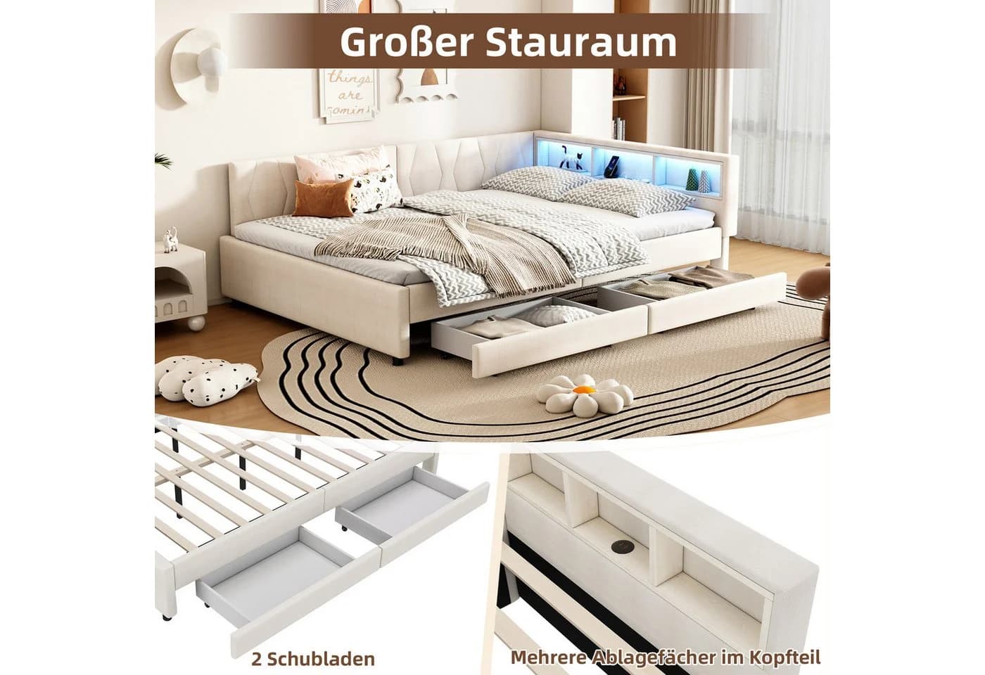 SOFTWEARY Stauraumbett mit LED, Schubladen & USB-Anschluss - Bild 5