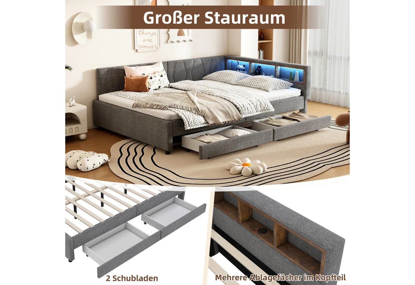 SOFTWEARY Stauraumbett Schlafsofa LED-Beleuchtung USB/Typ-C Anschlüsse - Bild 5