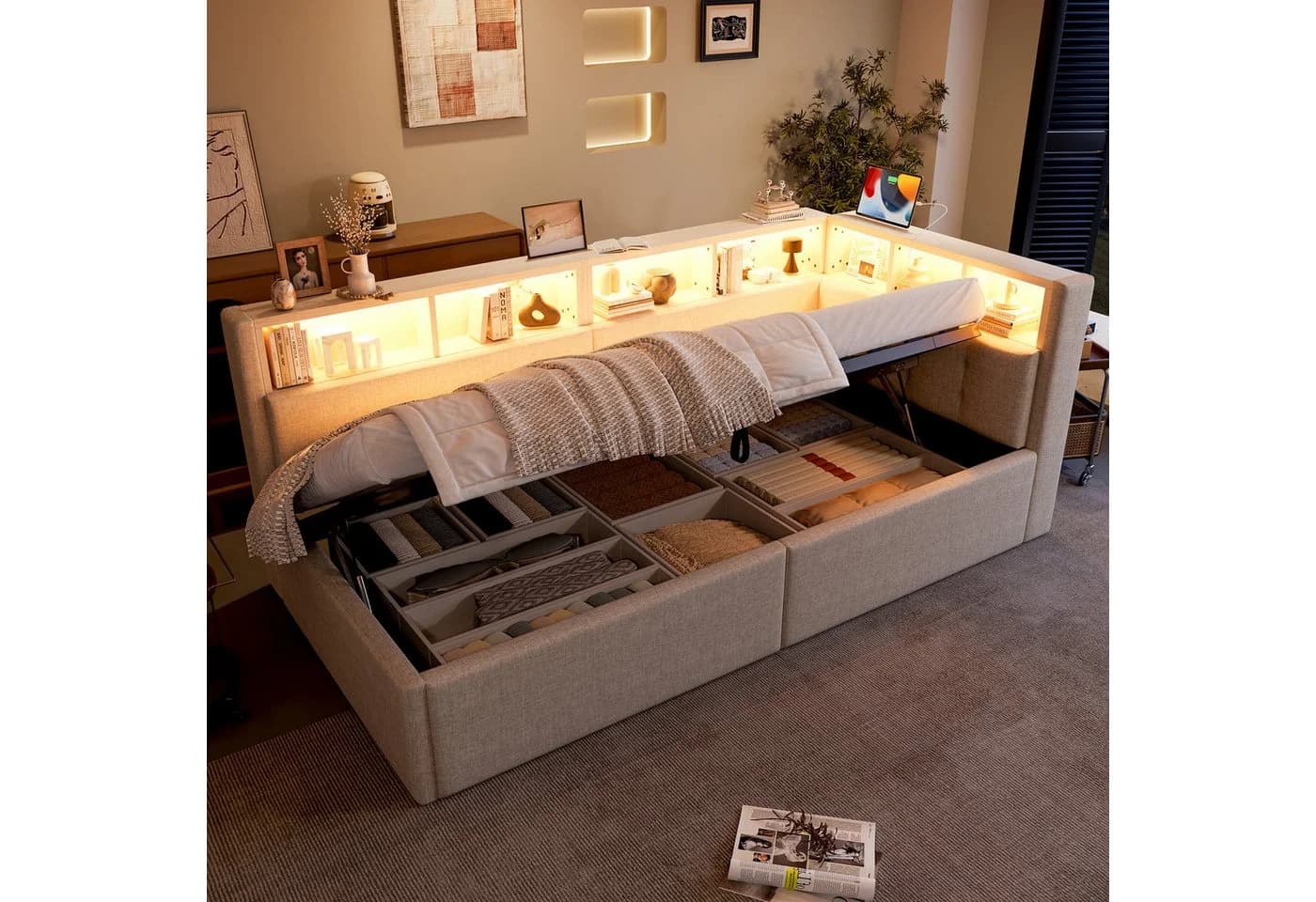 SOFTWEARY Stauraumbett mit LED-Beleuchtung und USB-Anschluss Beige - Bild 2