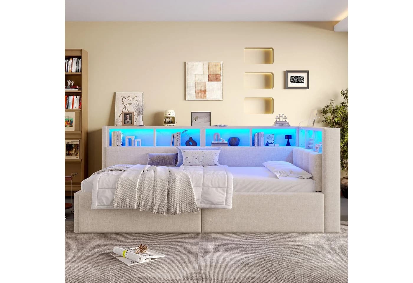 SOFTWEARY Stauraumbett mit LED-Beleuchtung und USB-Anschluss Beige - Bild 3