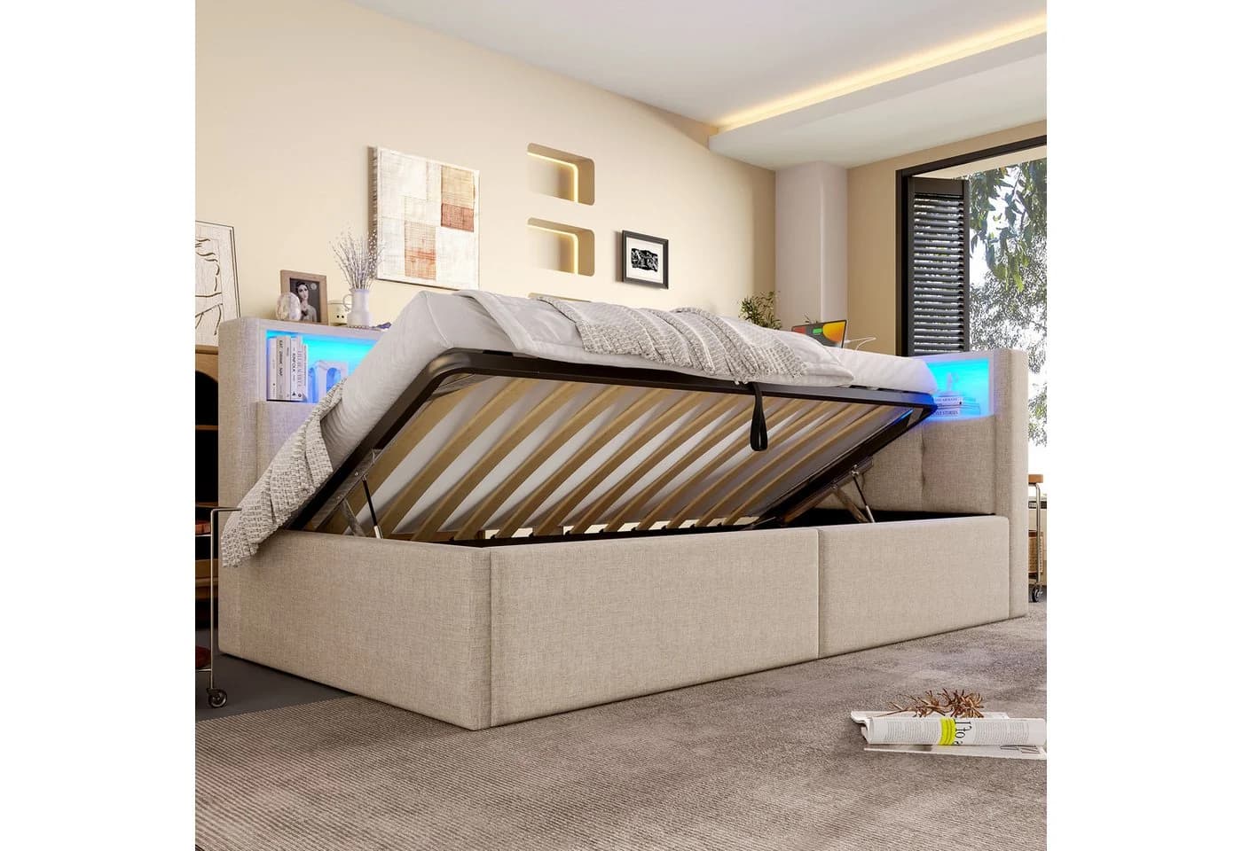 SOFTWEARY Stauraumbett mit LED-Beleuchtung und USB-Anschluss Beige - Bild 4