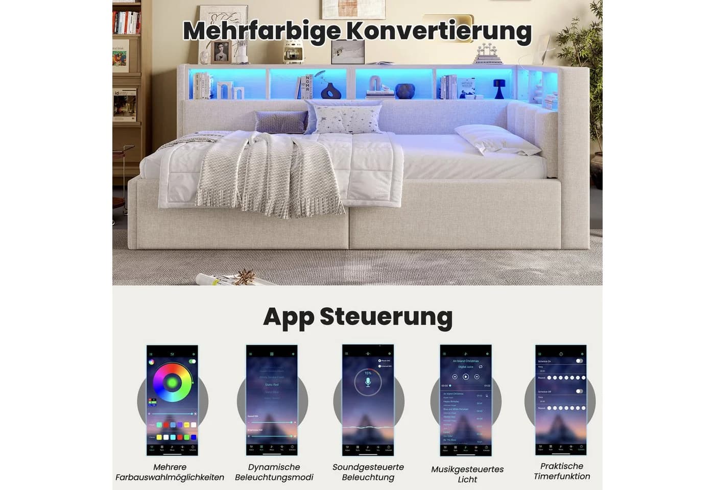 SOFTWEARY Stauraumbett mit LED-Beleuchtung und USB-Anschluss Beige - Bild 5