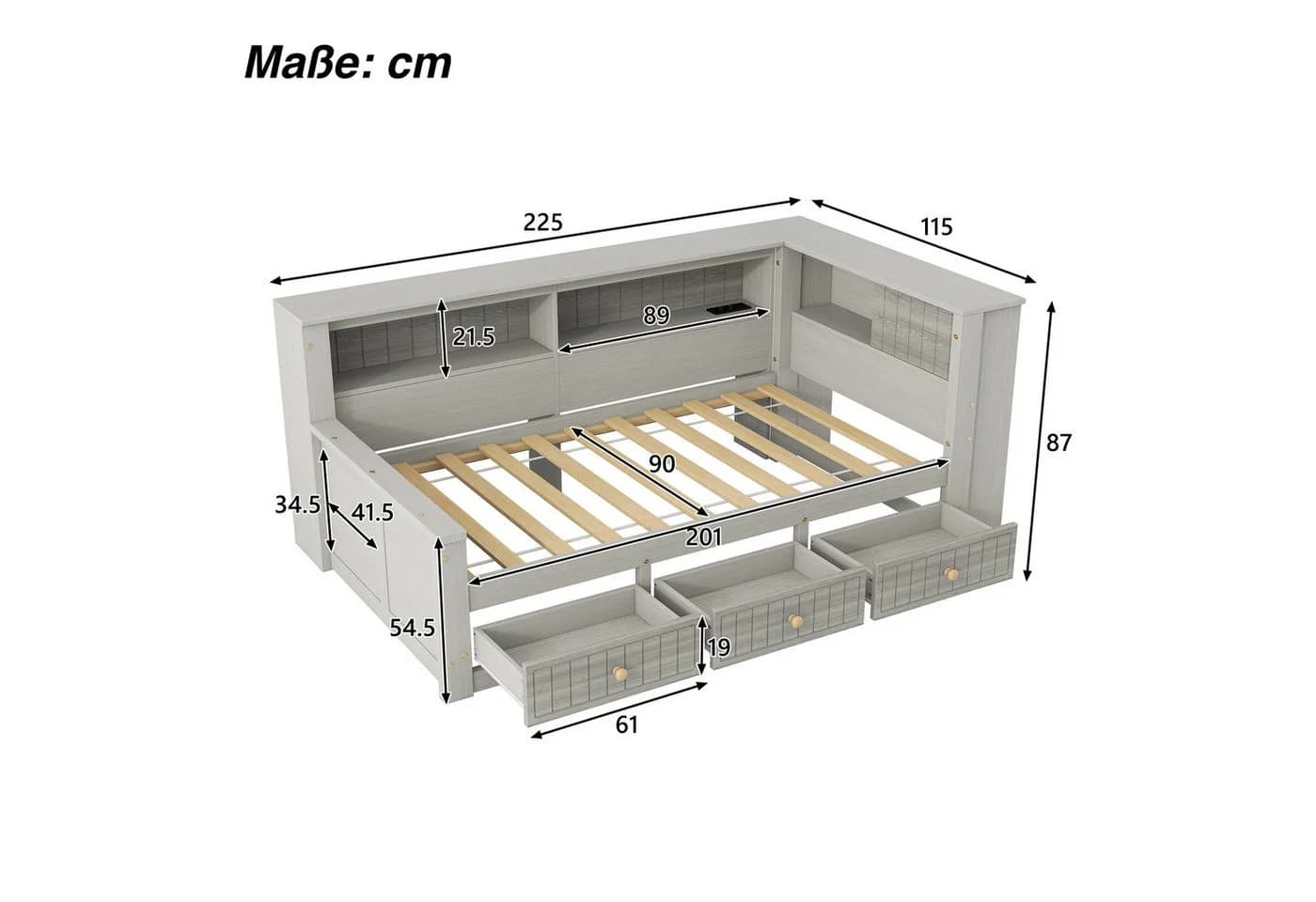 SOFTWEARY Stauraumbett mit LED-Beleuchtung und Schubladen Grau - Bild 5