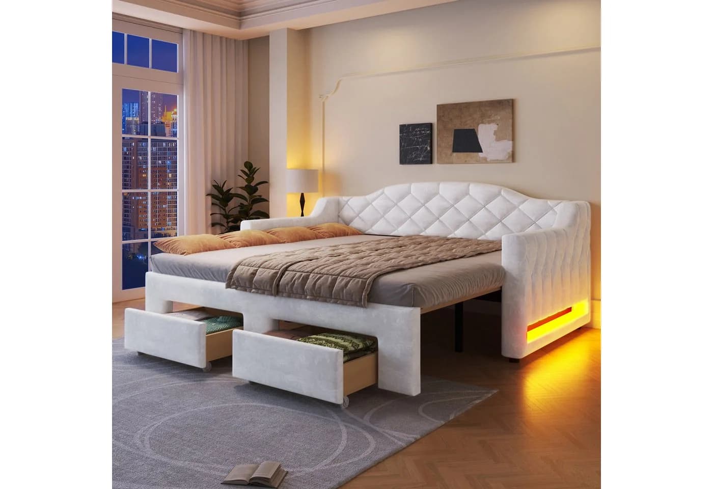 SOFTWEARY Schlafsofa mit Ausziehbett, Stauraum & LED, Samt Weiß - Bild 2