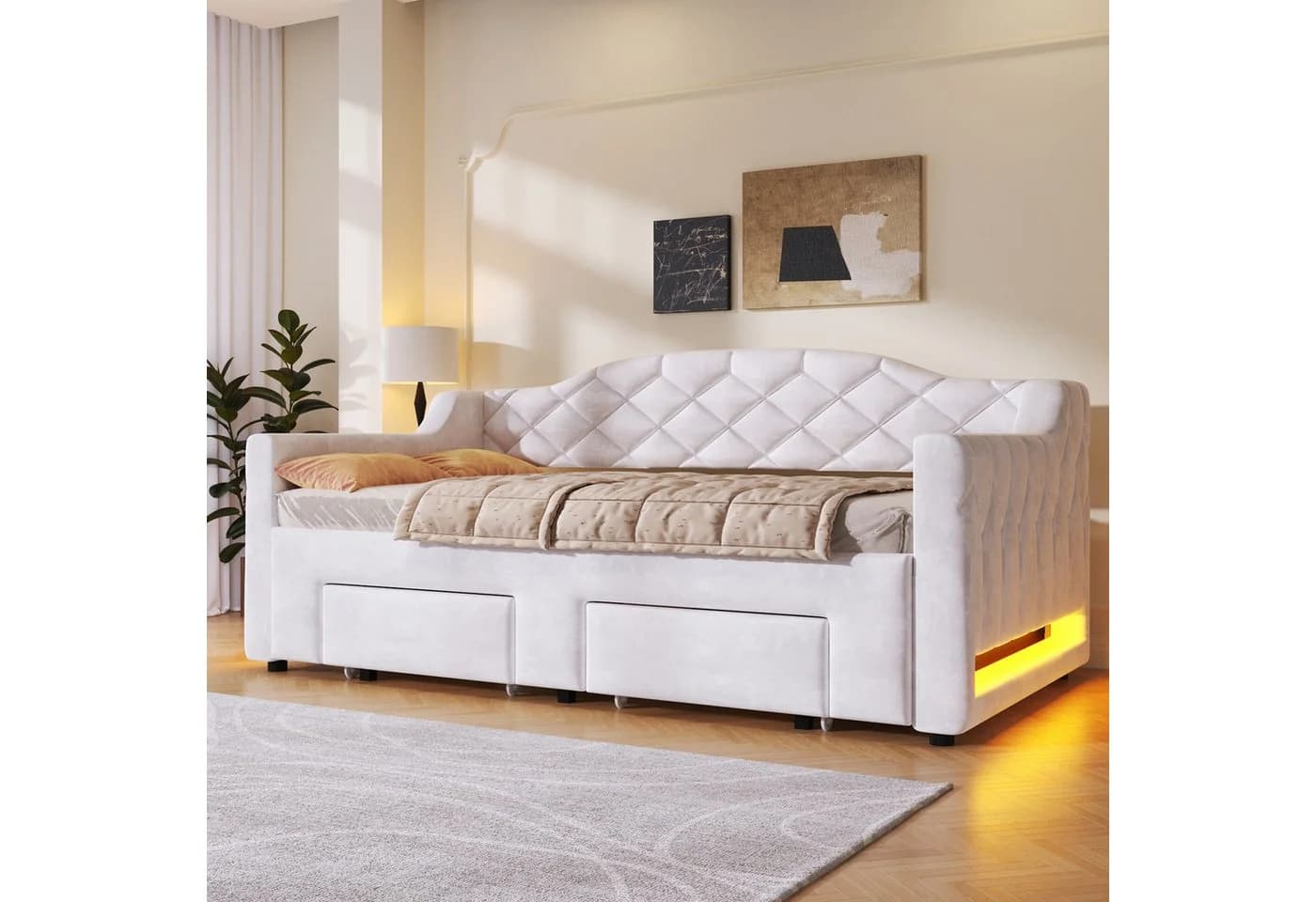 SOFTWEARY Schlafsofa mit Ausziehbett, Stauraum & LED, Samt Weiß - Bild 3