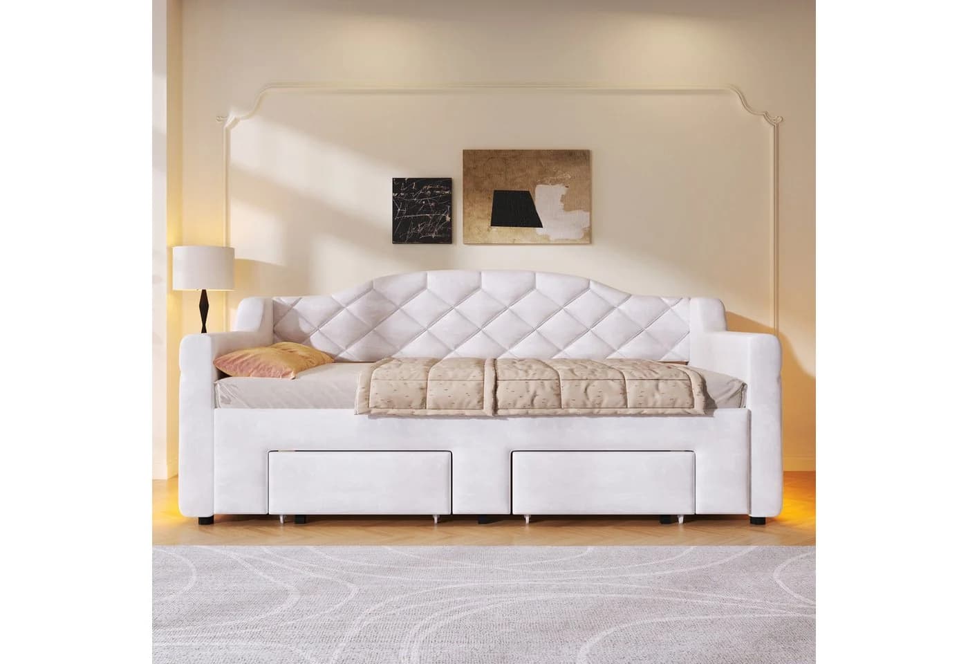 SOFTWEARY Schlafsofa mit Ausziehbett, Stauraum & LED, Samt Weiß - Bild 4