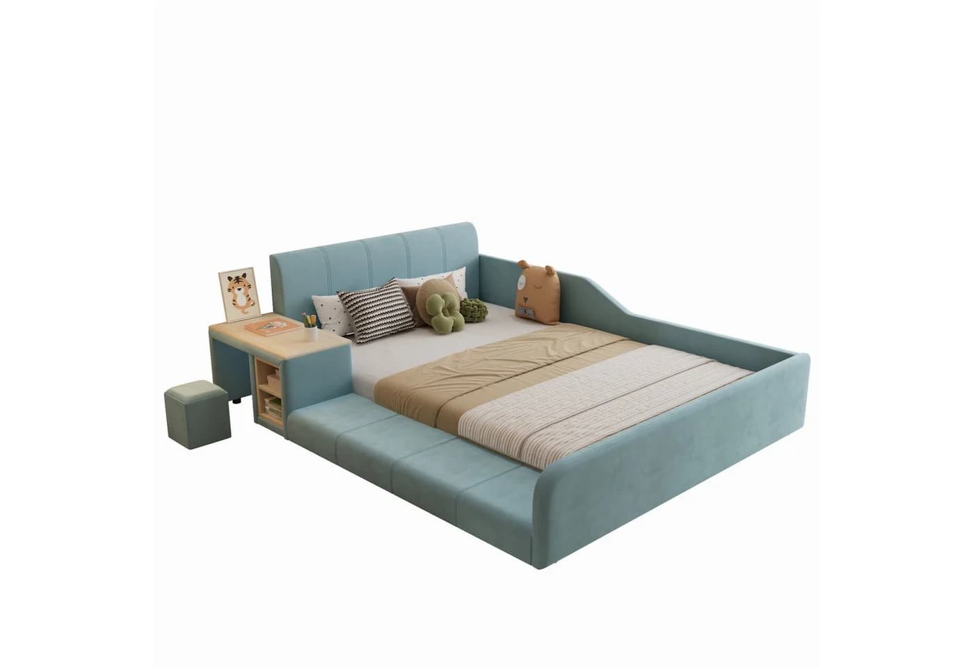 SOFTWEARY Polsterbett mit Tisch, Hocker und Regal Blau Samt - Bild 2