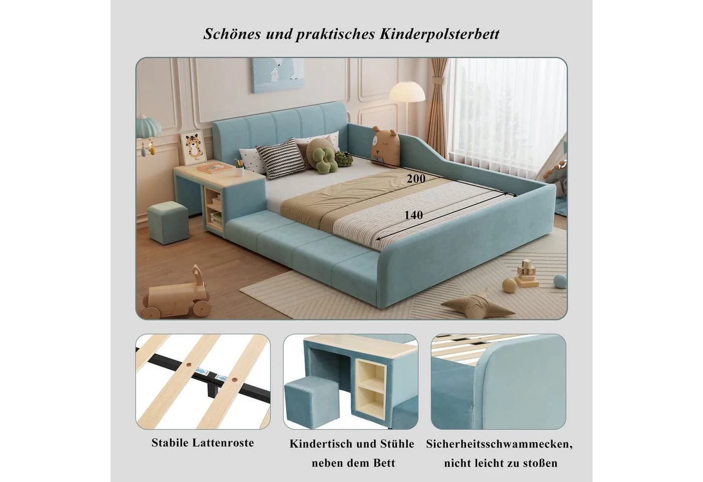 SOFTWEARY Polsterbett mit Tisch, Hocker und Regal Blau Samt - Bild 4