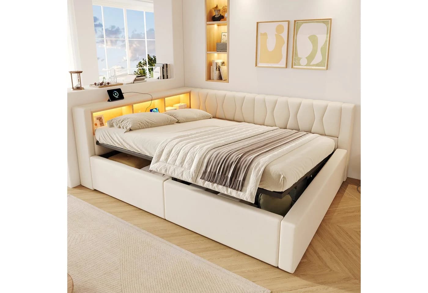 SOFTWEARY Schlafsofa mit LED, Stauraum & USB Leinen - Bild 2