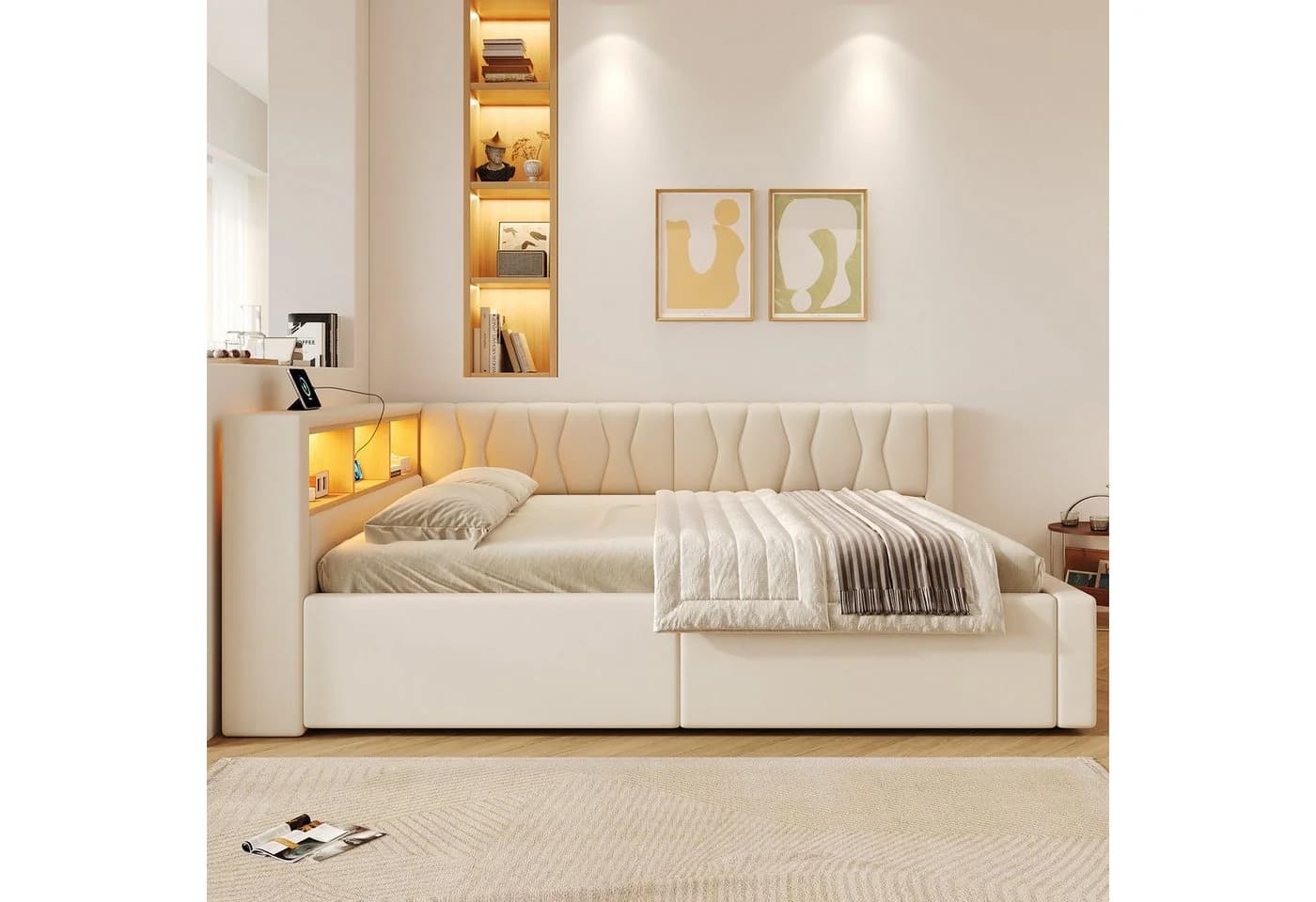 SOFTWEARY Schlafsofa mit LED, Stauraum & USB Leinen - Bild 3