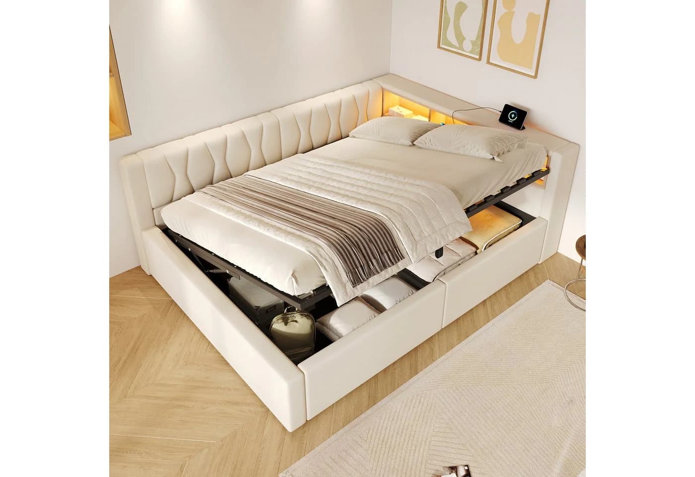 SOFTWEARY Schlafsofa mit LED, Stauraum & USB Leinen - Bild 4