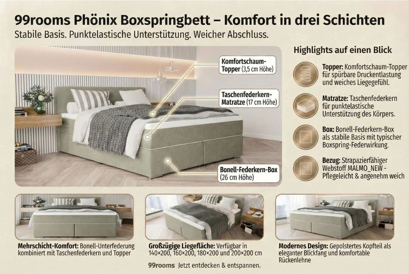 99rooms Boxspringbett Phönix Dunkelblau mit Matratze und Topper - Bild 4