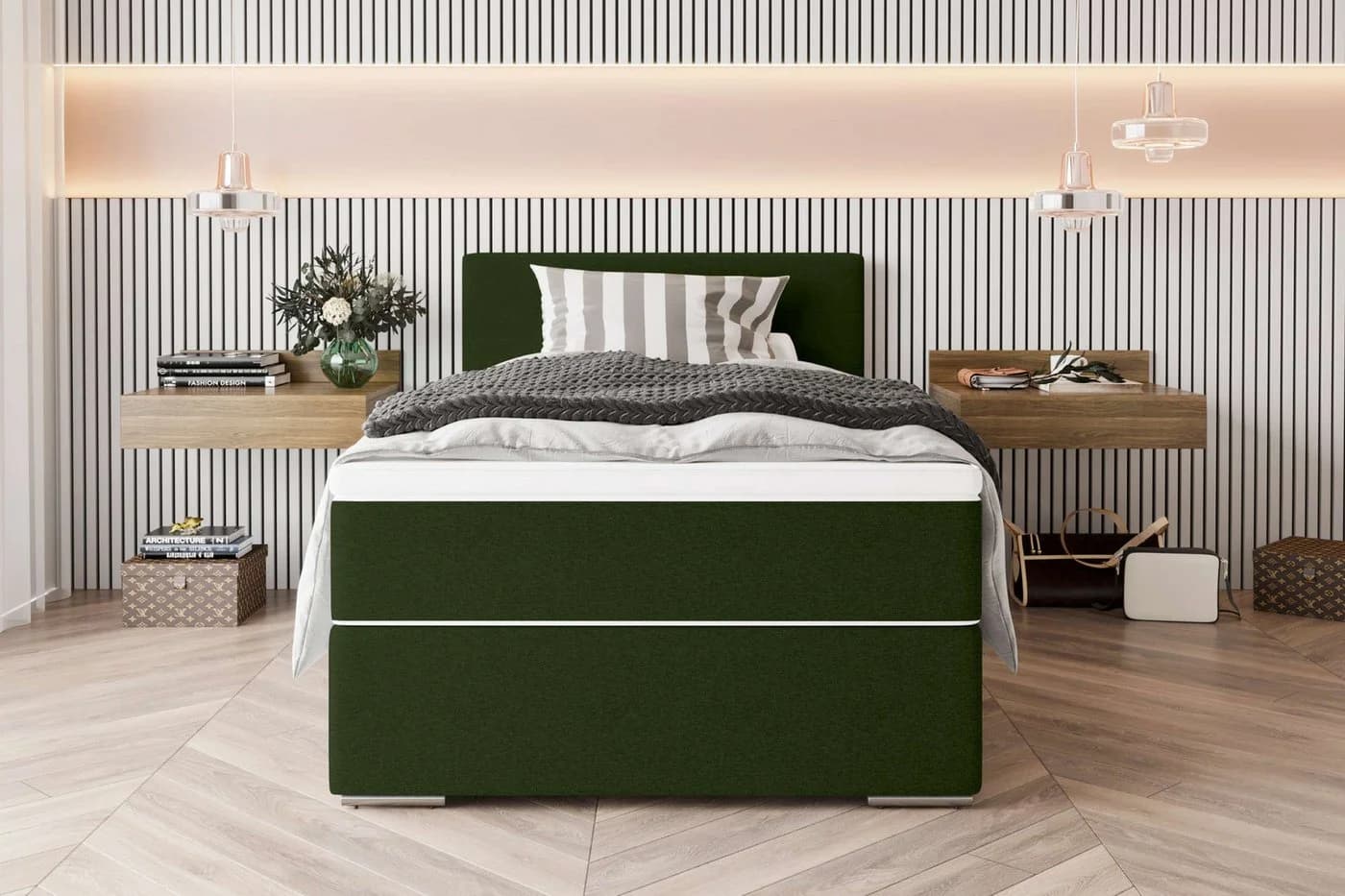 99rooms Boxspringbett Phönix Mini Dunkelgrün mit Matratze & Topper