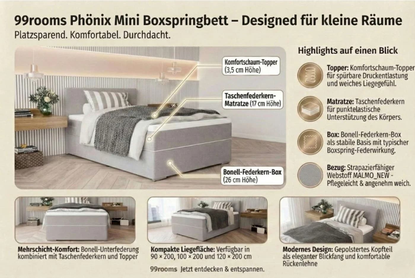 99rooms Boxspringbett Phönix Mini Dunkelgrün mit Matratze & Topper - Bild 4