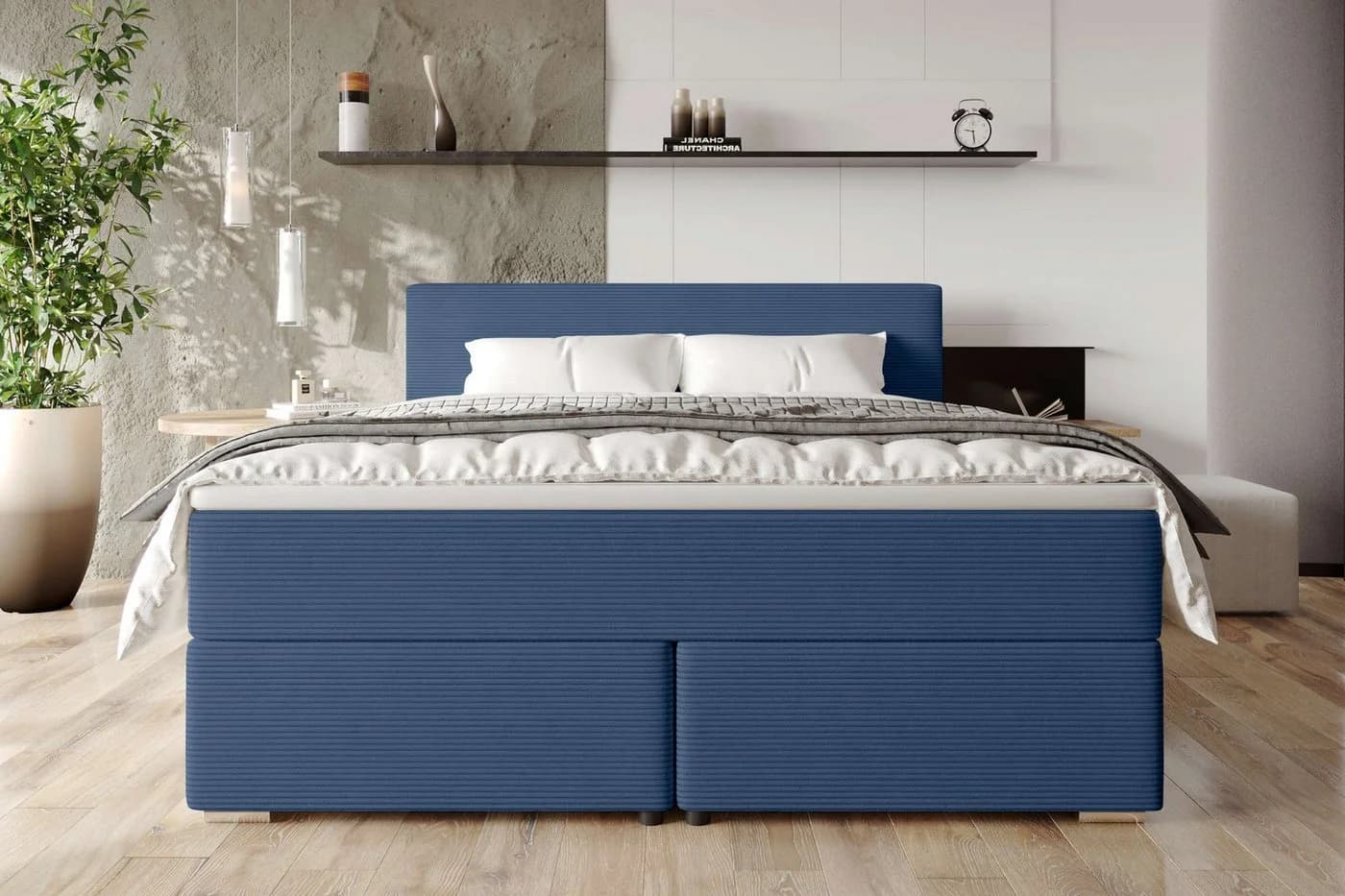 99rooms Boxspringbett Phönix Blau mit Matratze & Topper