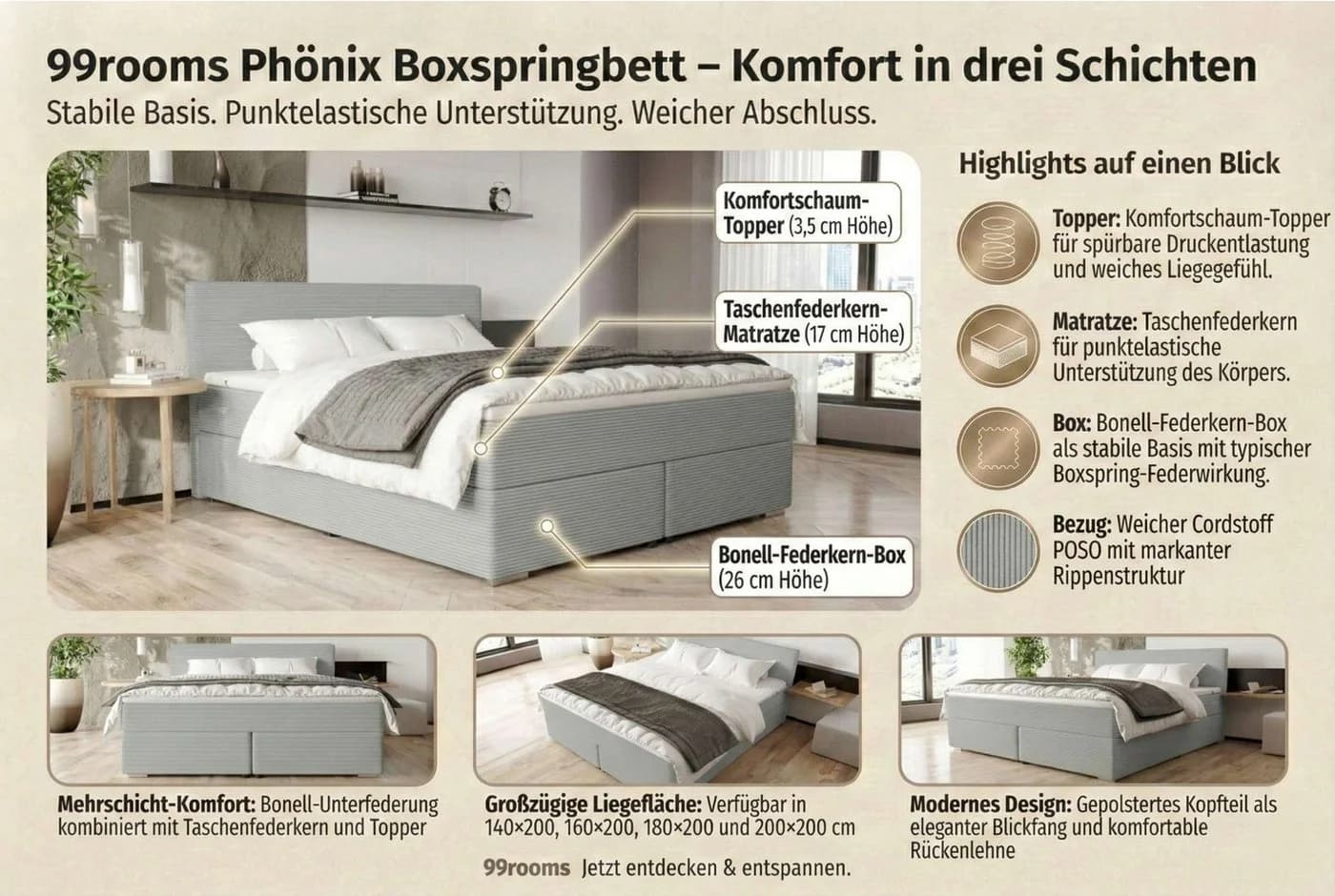 99rooms Boxspringbett Phönix Blau mit Matratze & Topper - Bild 4