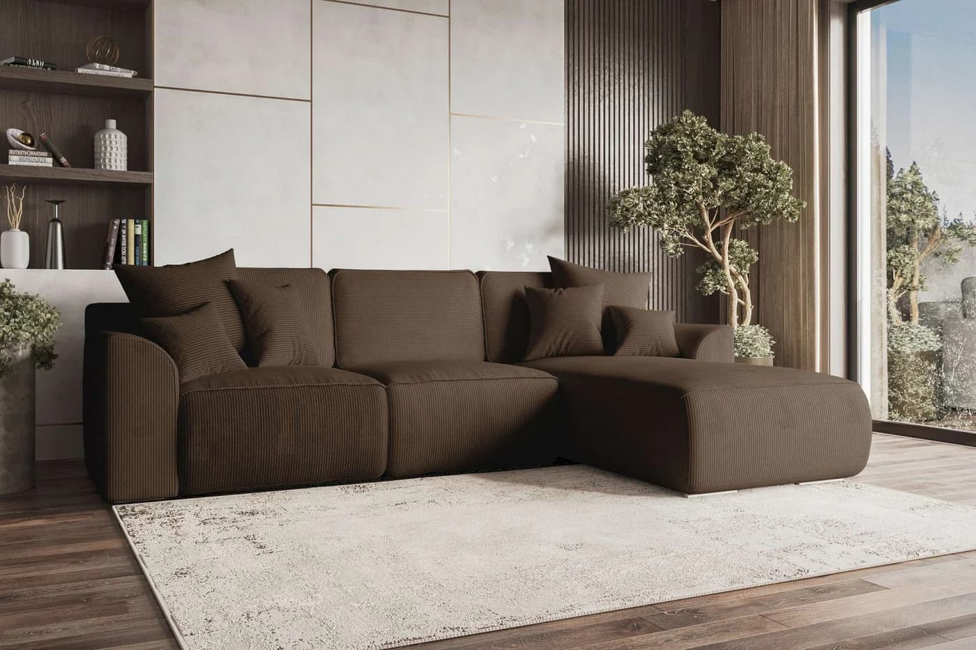 99rooms Ecksofa Gusto L-Form mit Schlaffunktion Braun Cordstoff