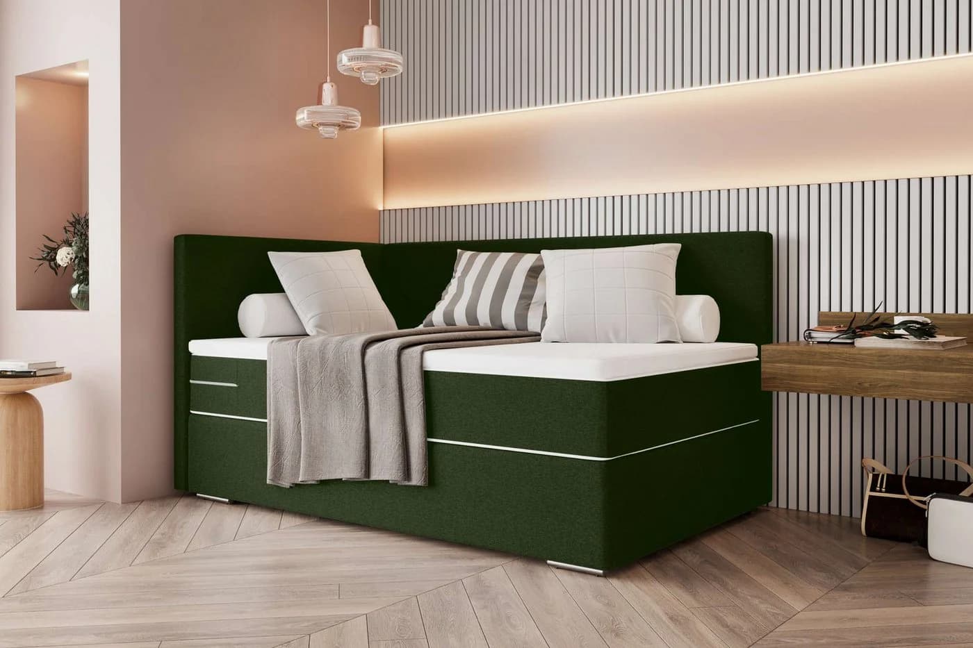 99rooms Boxspringbett Phönix Mini Plus Dunkelgrün mit Matratze & Topper