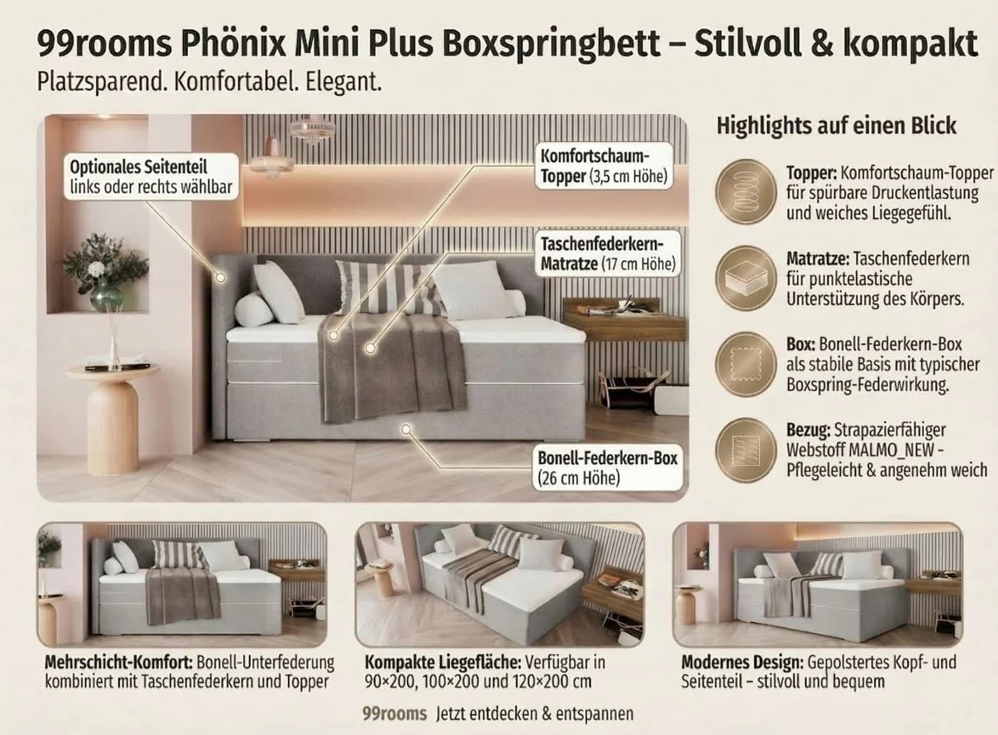 99rooms Boxspringbett Phönix Mini Plus Dunkelgrün mit Matratze & Topper - Bild 4