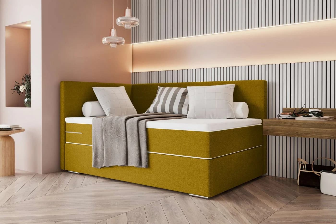 99rooms Boxspringbett Phönix Mini Plus Gelb mit Matratze und Topper