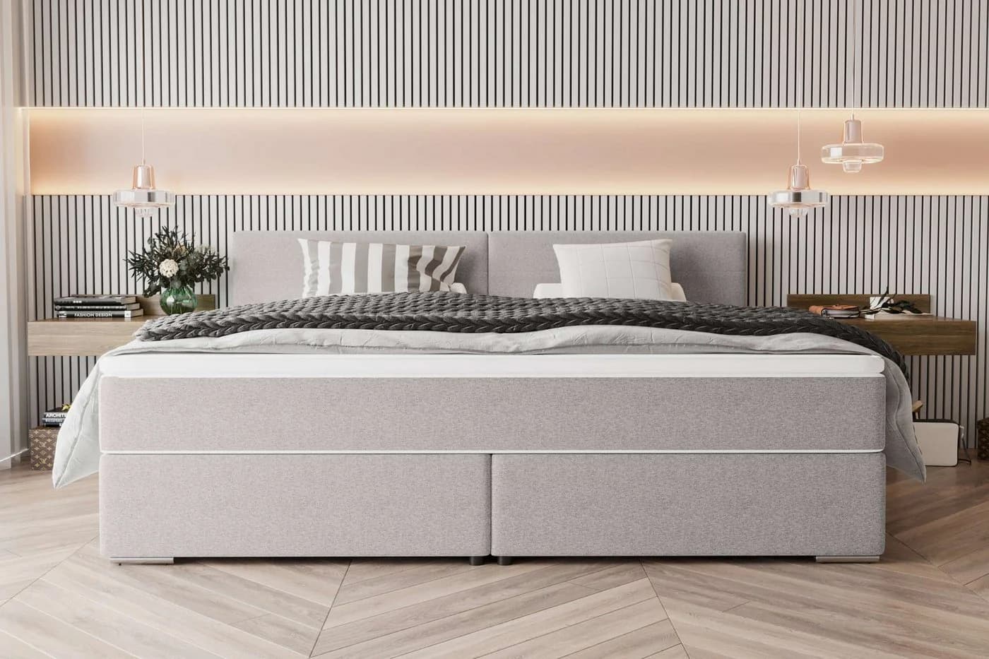 99rooms Boxspringbett Phönix Familienbett mit Matratze und Topper Hellgrau
