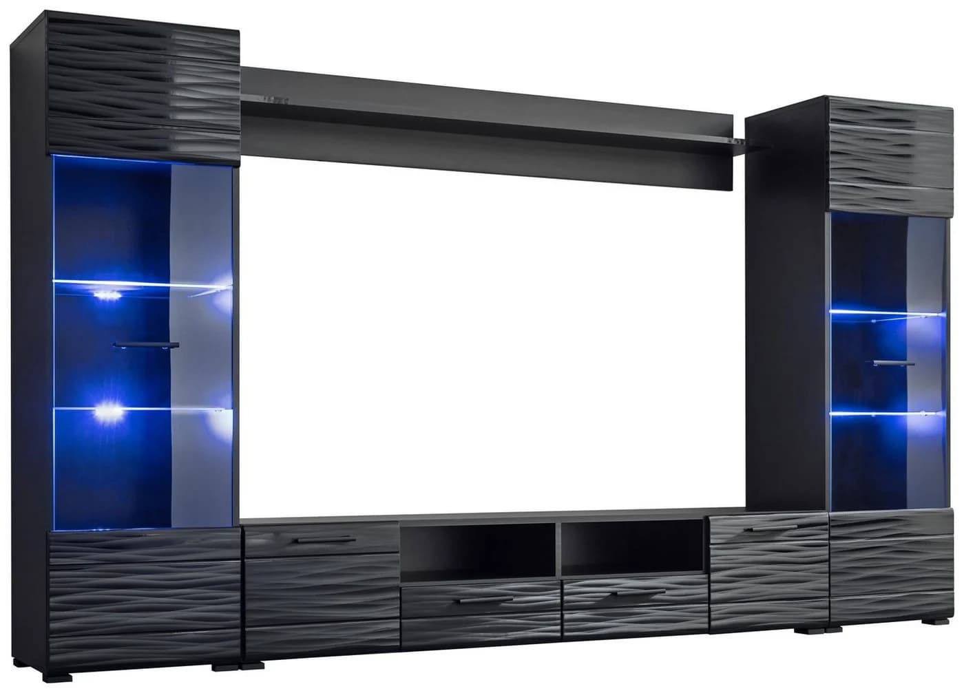 99rooms Wohnwand Delme Set 4-tlg. Schwarz Matt Graphit Hochglanz mit LED