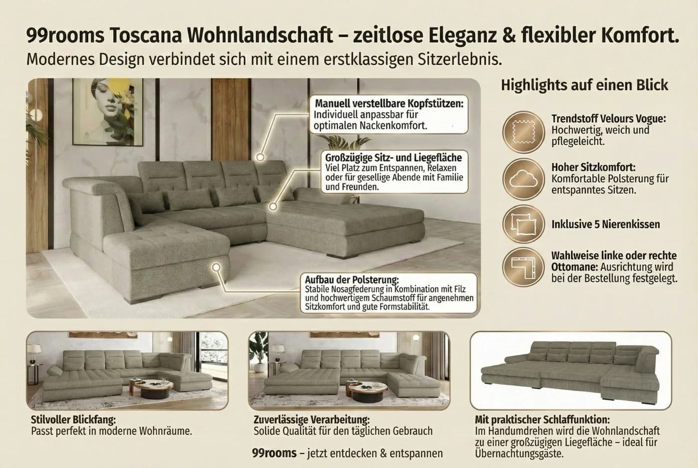 99rooms Wohnlandschaft Toscana U-Form Sofa Strukturstoff NEVE - Bild 4