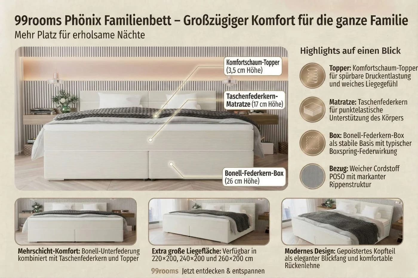 99rooms Boxspringbett Phönix Familienbett mit Taschenfederkernmatratze und Topper - Bild 4