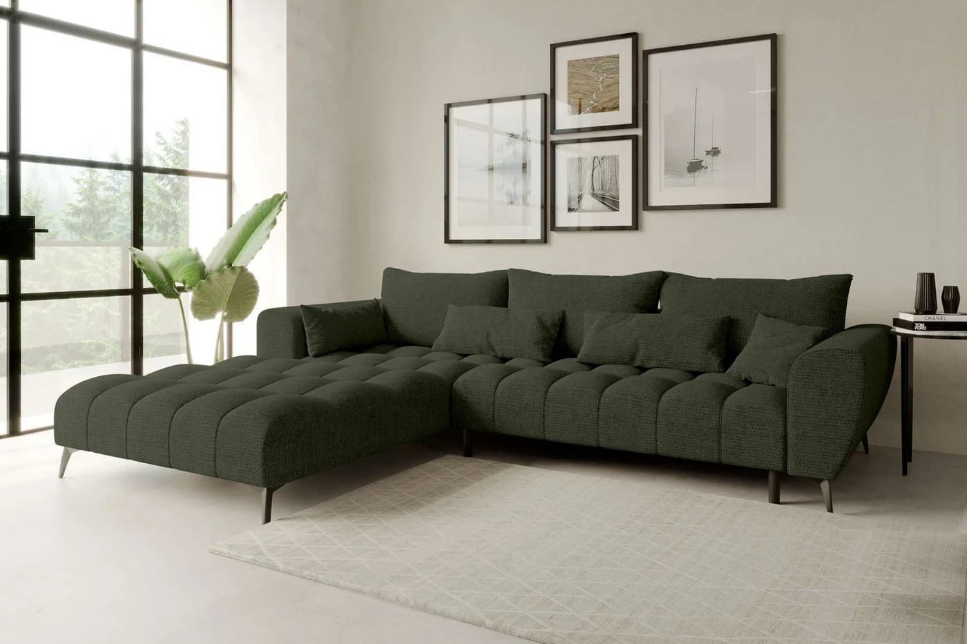 99rooms Ecksofa Ferrano L-Form Chenille Olive mit elektr. Sitztiefenverstellung