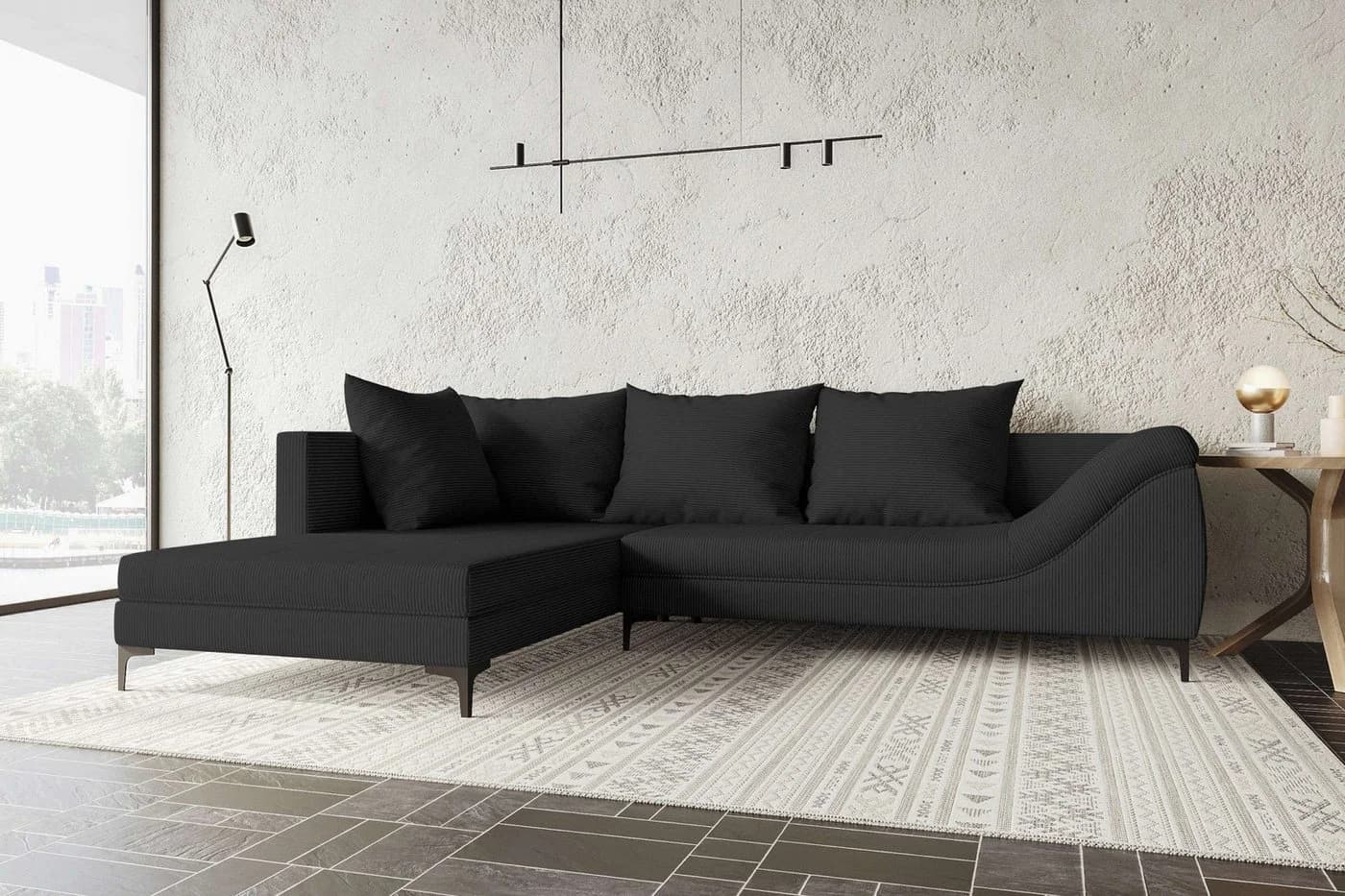 99rooms Ecksofa Loni L-Form Schwarz mit Metallfüßen