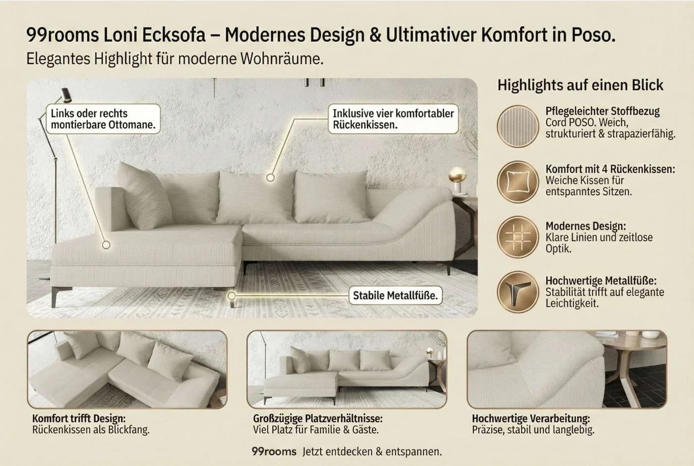 99rooms Ecksofa Loni L-Form Schwarz mit Metallfüßen - Bild 5