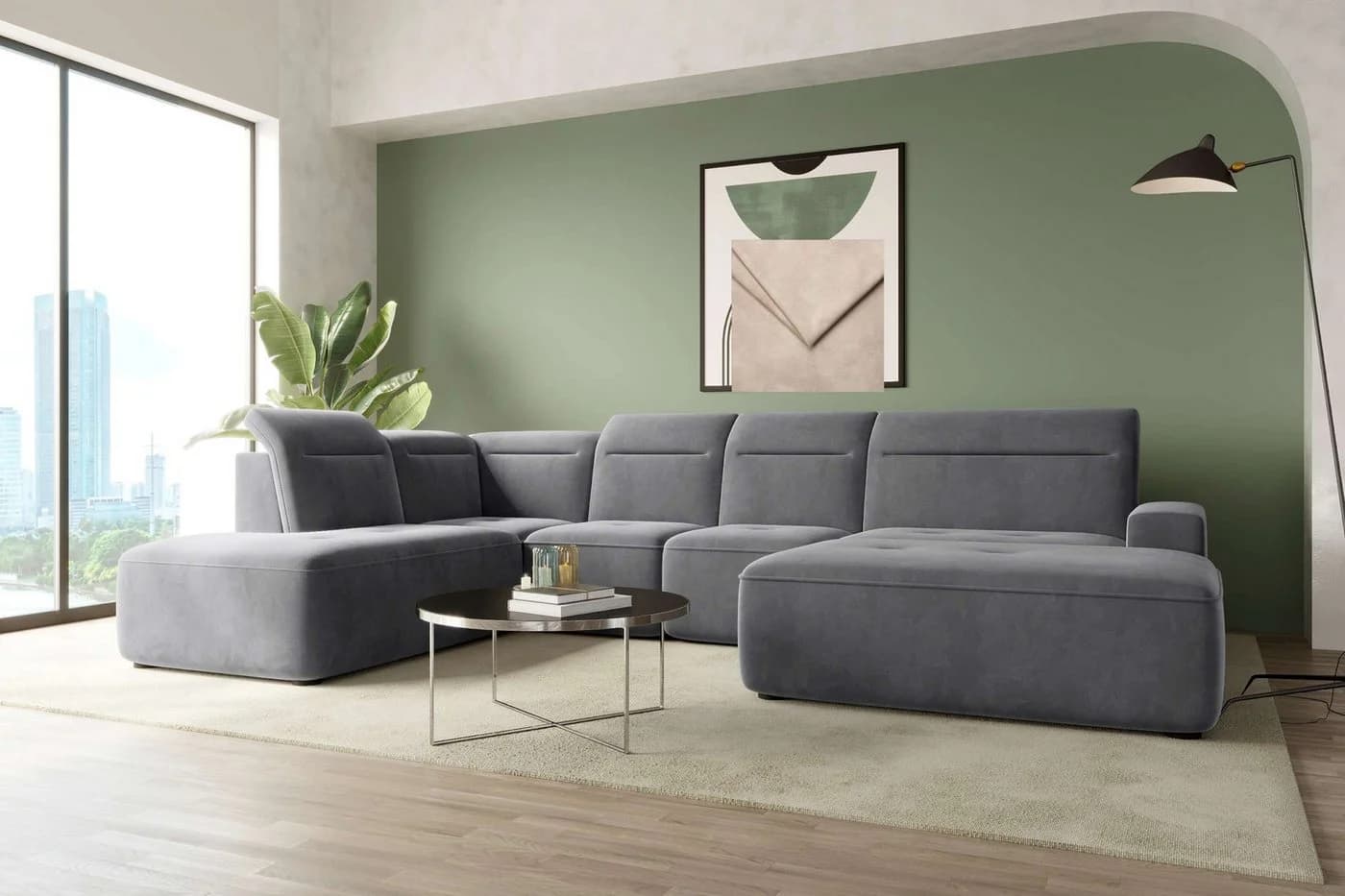 99rooms Wohnlandschaft Elvaro - U-Form Sofa Velours PALLADIUM