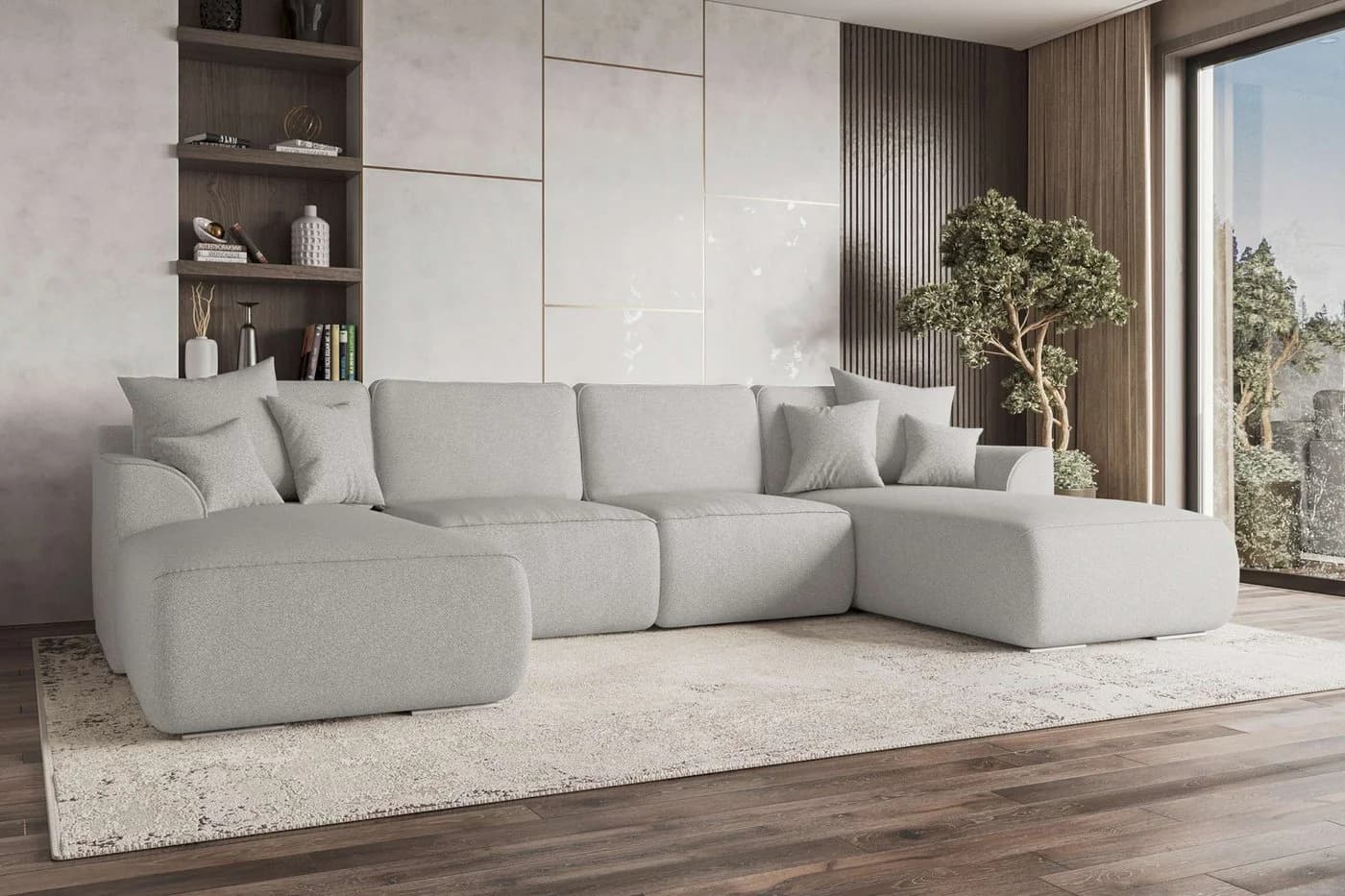 99rooms Wohnlandschaft Gusto U-Form Sofa mit Schlaffunktion Hellgrau - Bild 2