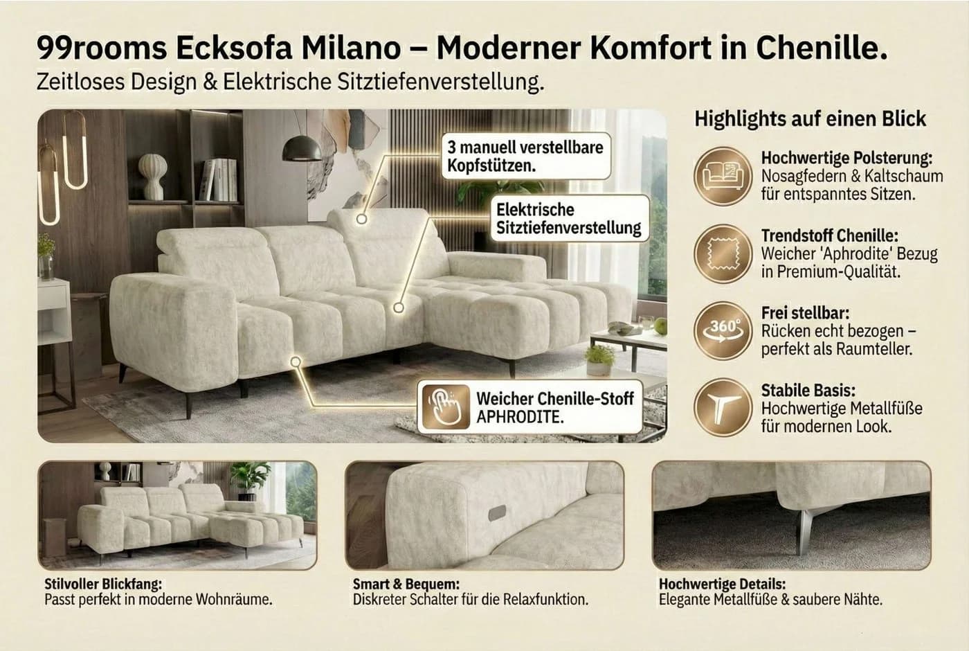 99rooms Ecksofa Milano L-Form Chenille APHRODITE - Bild 5