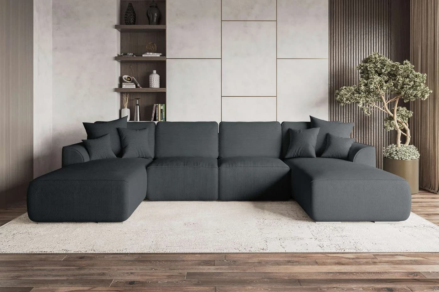 99rooms Wohnlandschaft Gusto U-Form Sofa mit Schlaffunktion Cord Graphit